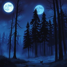 A book cover featuring a cold forest at night under a full moon, illustrated in an anime style