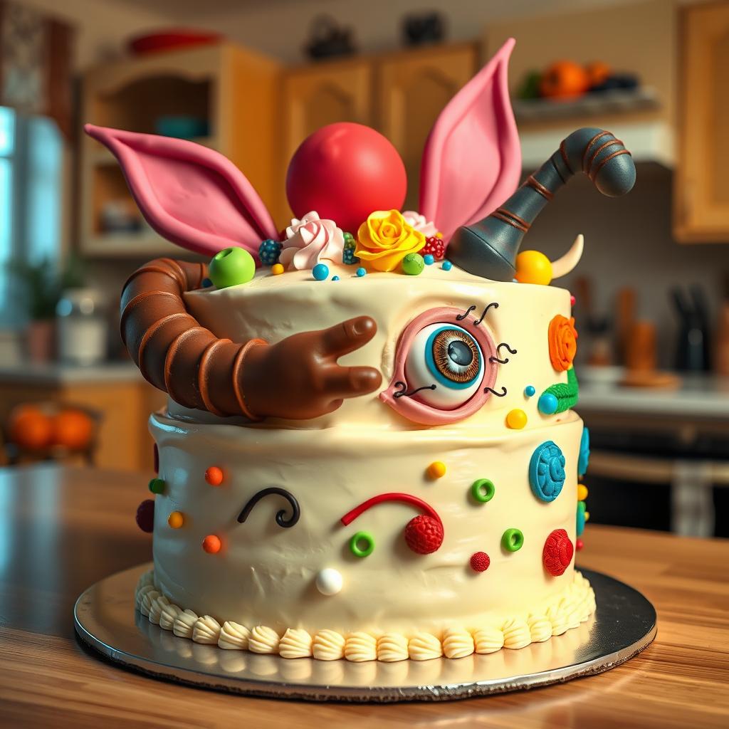 A surreal, artistic cake designed as a whimsical dessert featuring exaggerated and creative representations of human body parts, such as colorful fondant ears, a chocolate arm, and a raspberry eye
