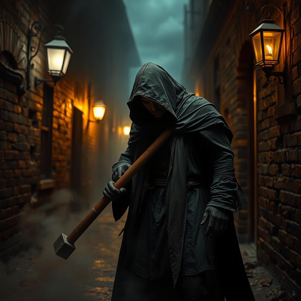 A dramatic and intense scene showcasing a dark, shadowy figure holding a large hammer, poised ominously in a dimly lit alley