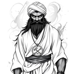 A striking black and white drawing of a medium-height beast-man deity, featuring a short black beard and graying black hair that cascades from beneath a decorative turban on his head