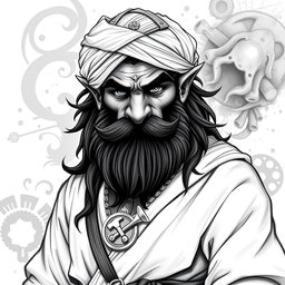 A striking black and white drawing of a medium-height beast-man deity, featuring a short black beard and graying black hair that cascades from beneath a decorative turban on his head