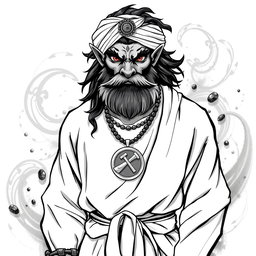 A striking black and white drawing of a medium-height beast-man deity, featuring a short black beard and graying black hair that cascades from beneath a decorative turban on his head