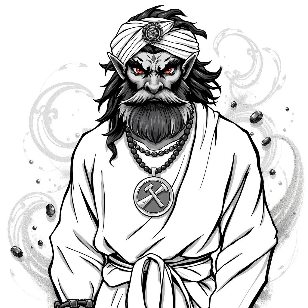A striking black and white drawing of a medium-height beast-man deity, featuring a short black beard and graying black hair that cascades from beneath a decorative turban on his head