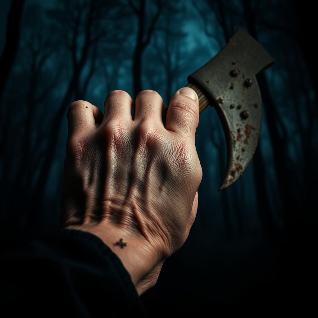 A close-up shot of a hand gripping a rusty pickaxe, revealing dirt and small bloodstains on the blade, emphasizing the tension and foreboding atmosphere