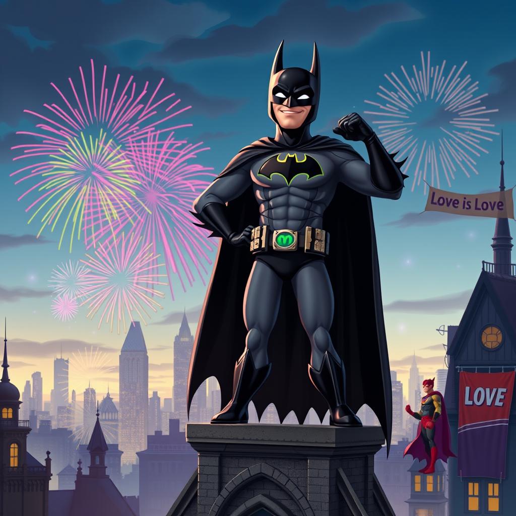 A whimsical reinterpretation of Batman, showcasing him in a vibrant cityscape at dusk, wearing his iconic black cape and cowl with a humorous twist – a rainbow emblem on his chest