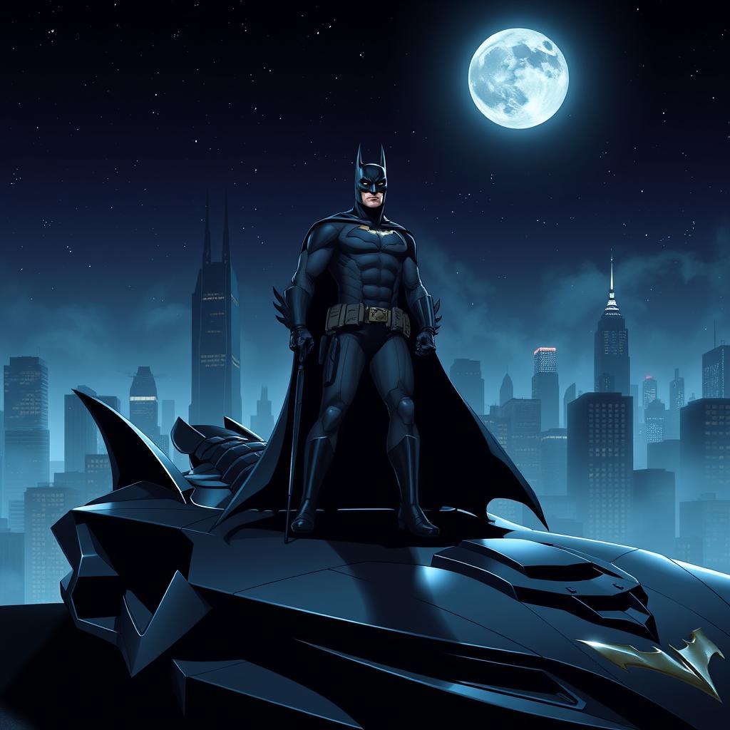 Batman, in his iconic dark suit and cape, confidently standing atop his sleek, futuristic Batmobile