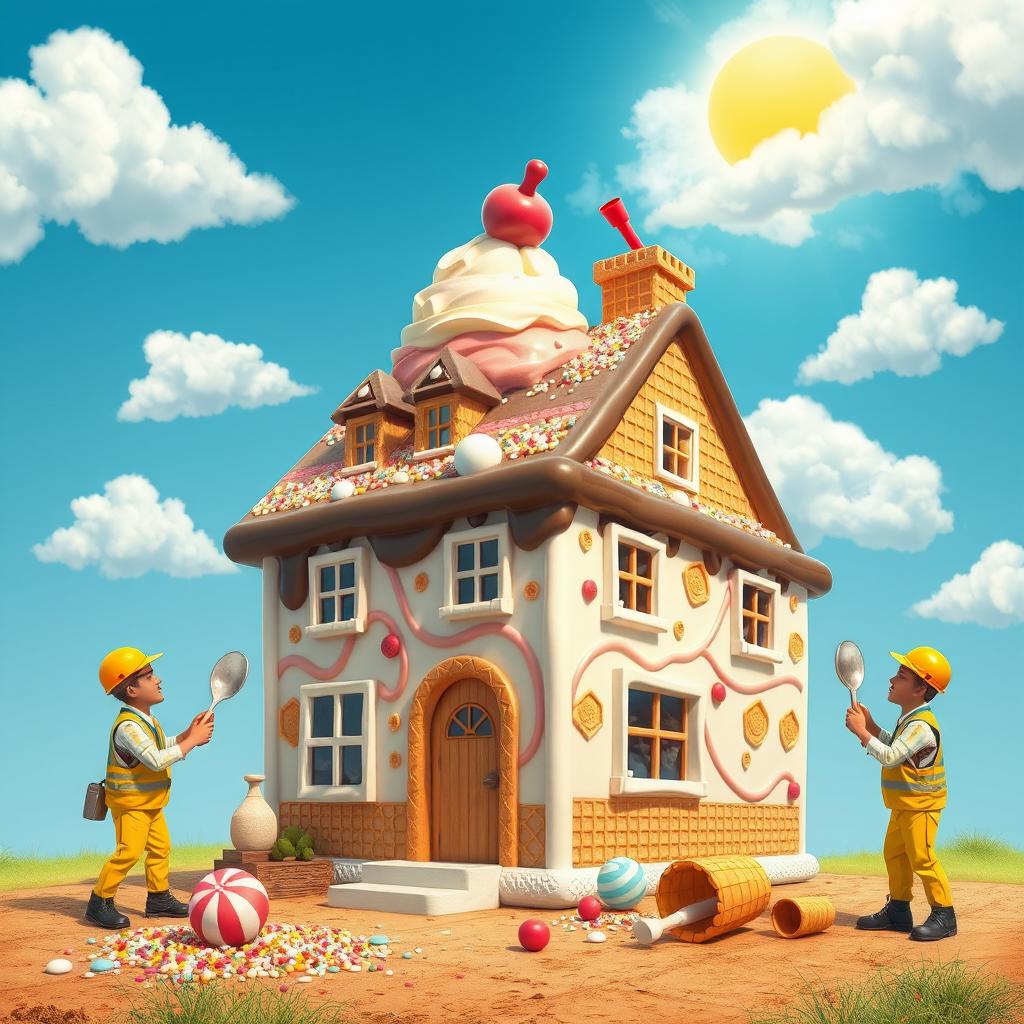 A whimsical scene depicting workers constructing a colorful house made entirely of ice cream