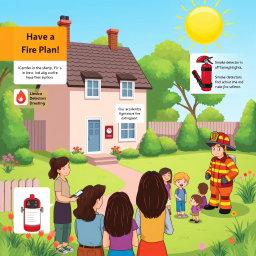 An informative and creative illustration focused on fire safety, depicting a serene family home with a well-maintained garden