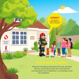 An informative and creative illustration focused on fire safety, depicting a serene family home with a well-maintained garden