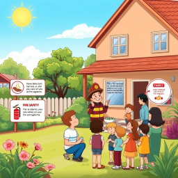 An informative and creative illustration focused on fire safety, depicting a serene family home with a well-maintained garden