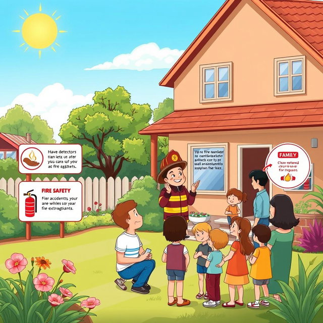 An informative and creative illustration focused on fire safety, depicting a serene family home with a well-maintained garden