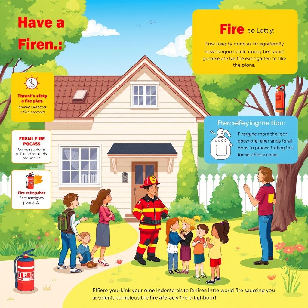 An informative and creative illustration focused on fire safety, depicting a serene family home with a well-maintained garden
