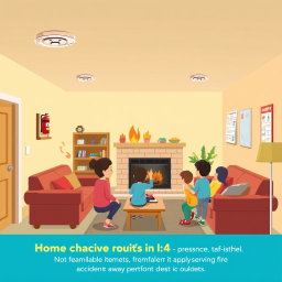 An educational interior scene of a cozy living room designed to prevent fire accidents