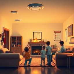 An educational interior scene of a cozy living room designed to prevent fire accidents