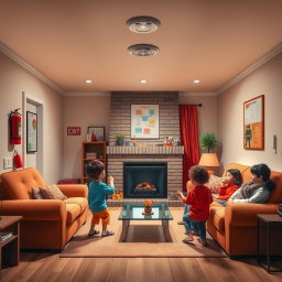 An educational interior scene of a cozy living room designed to prevent fire accidents