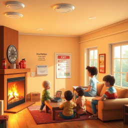 An educational interior scene of a cozy living room designed to prevent fire accidents