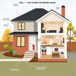 A detailed illustration of a modern house specifically designed to minimize fire risks