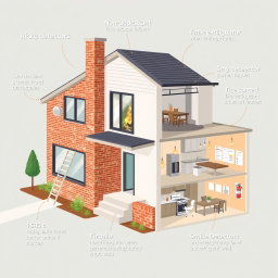 A detailed illustration of a modern house specifically designed to minimize fire risks