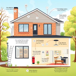 A detailed illustration of a modern house specifically designed to minimize fire risks