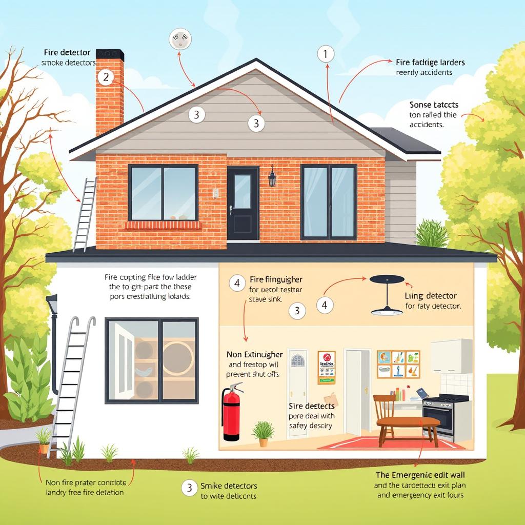 A detailed illustration of a modern house specifically designed to minimize fire risks