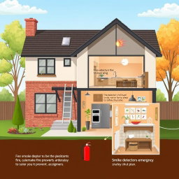 A detailed illustration of a modern house specifically designed to minimize fire risks
