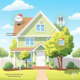 A charming illustration of a house designed for safety, showcasing features that minimize fire hazards