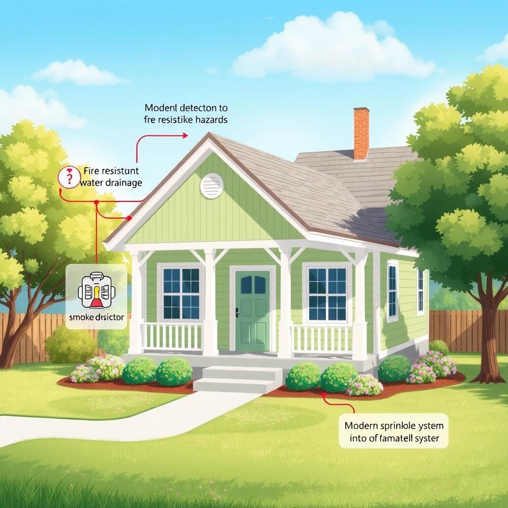 A charming illustration of a house designed for safety, showcasing features that minimize fire hazards