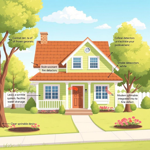 A charming illustration of a house designed for safety, showcasing features that minimize fire hazards