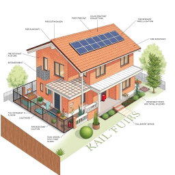 A detailed architectural drawing of a modern house designed with fire safety features