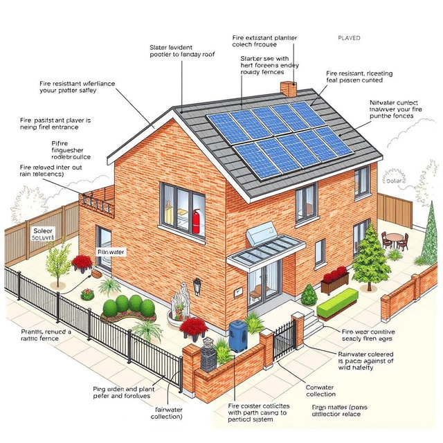 A detailed architectural drawing of a modern house designed with fire safety features