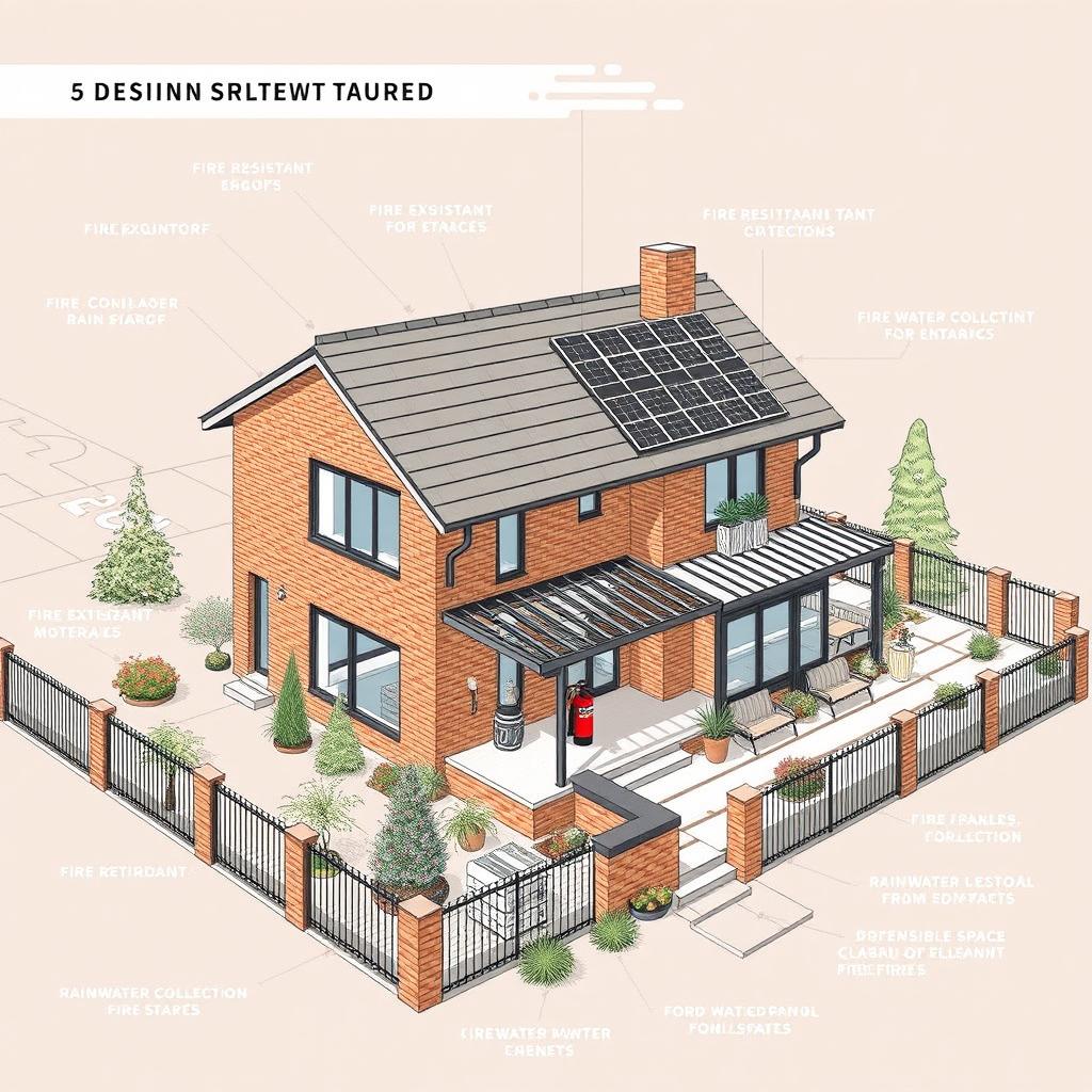 A detailed architectural drawing of a modern house designed with fire safety features