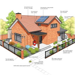 A detailed architectural drawing of a modern house designed with fire safety features