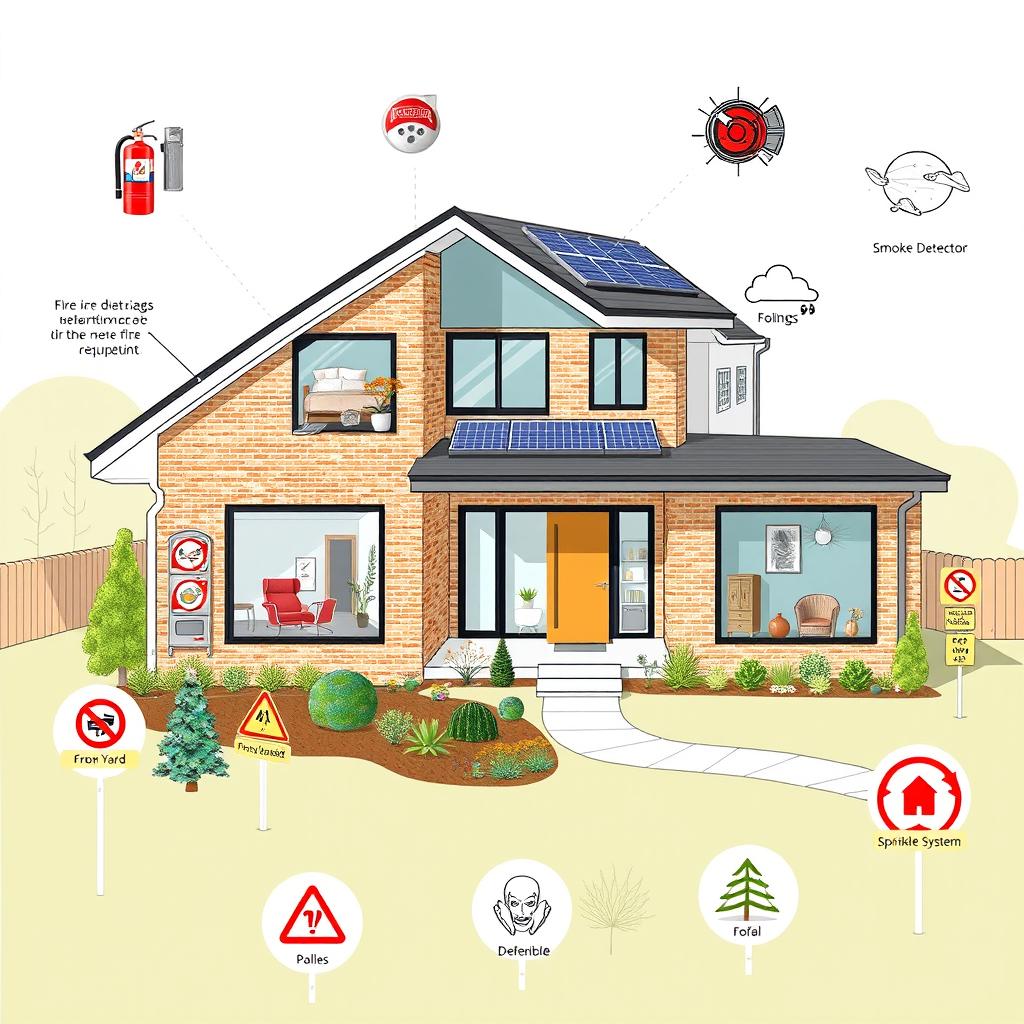 An architectural drawing of a modern house featuring advanced fire safety equipment