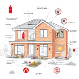 An architectural drawing of a modern house featuring advanced fire safety equipment