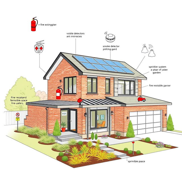 An architectural drawing of a modern house featuring advanced fire safety equipment