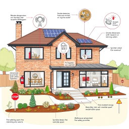 An architectural drawing of a modern house featuring advanced fire safety equipment