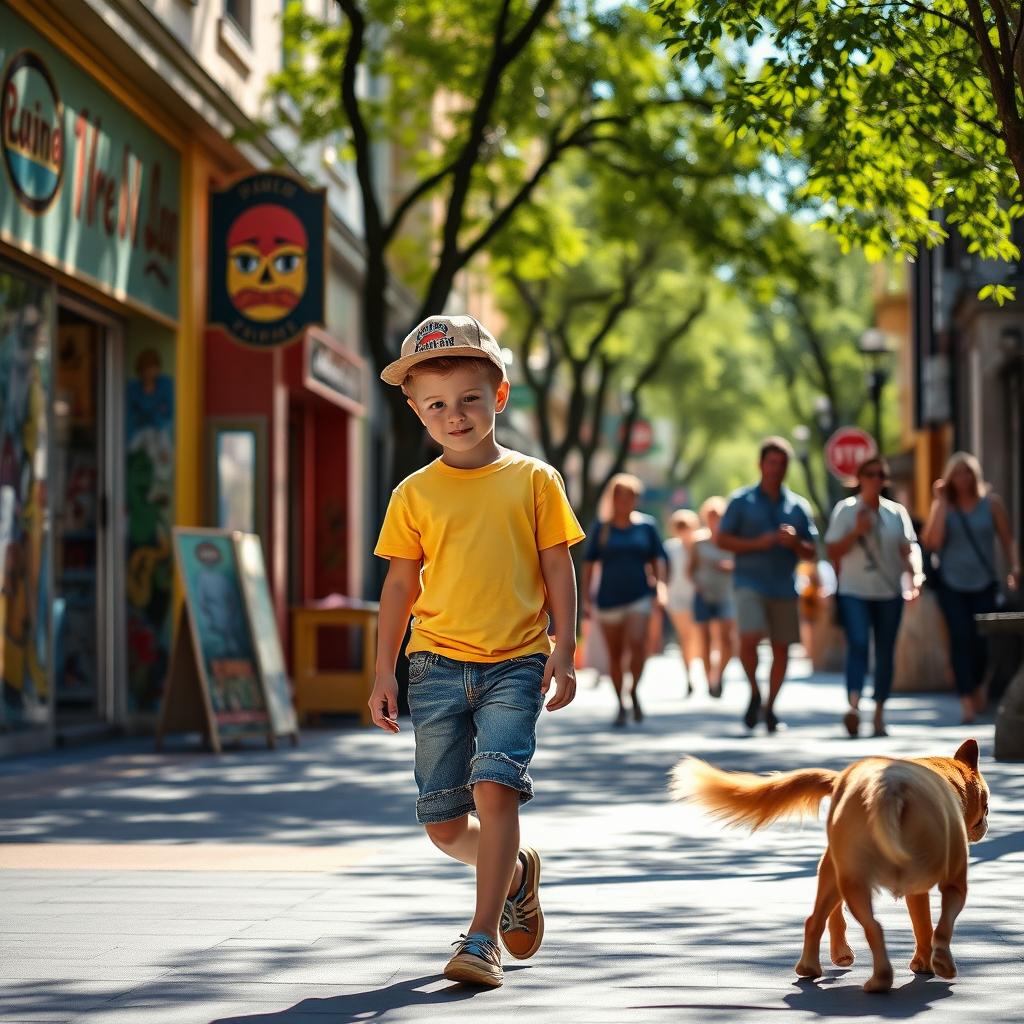 A young boy walking down a lively street, surrounded by colorful shops and vibrant street art