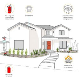 An architectural drawing of a modern house equipped with fire safety features