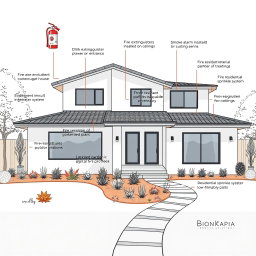 An architectural drawing of a modern house equipped with fire safety features