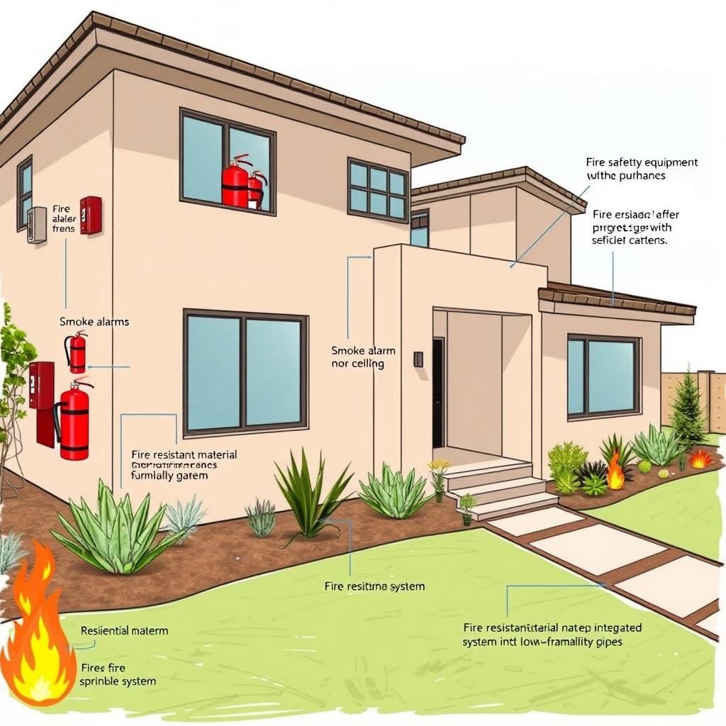 An architectural drawing of a modern house equipped with fire safety features