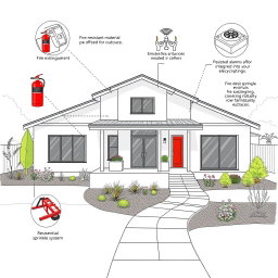 An architectural drawing of a modern house equipped with fire safety features