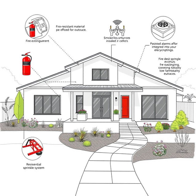 An architectural drawing of a modern house equipped with fire safety features