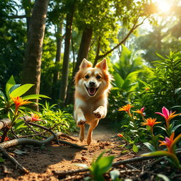A beautiful and energetic dog sprinting through lush green jungles, surrounded by tall trees and vibrant foliage