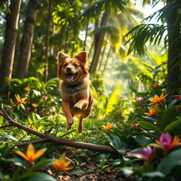 A beautiful and energetic dog sprinting through lush green jungles, surrounded by tall trees and vibrant foliage