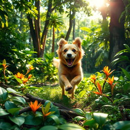 A beautiful and energetic dog sprinting through lush green jungles, surrounded by tall trees and vibrant foliage