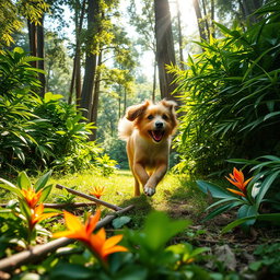 A beautiful and energetic dog sprinting through lush green jungles, surrounded by tall trees and vibrant foliage