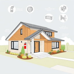 An architectural drawing of a modern house equipped with various fire safety equipment to reduce fire risks