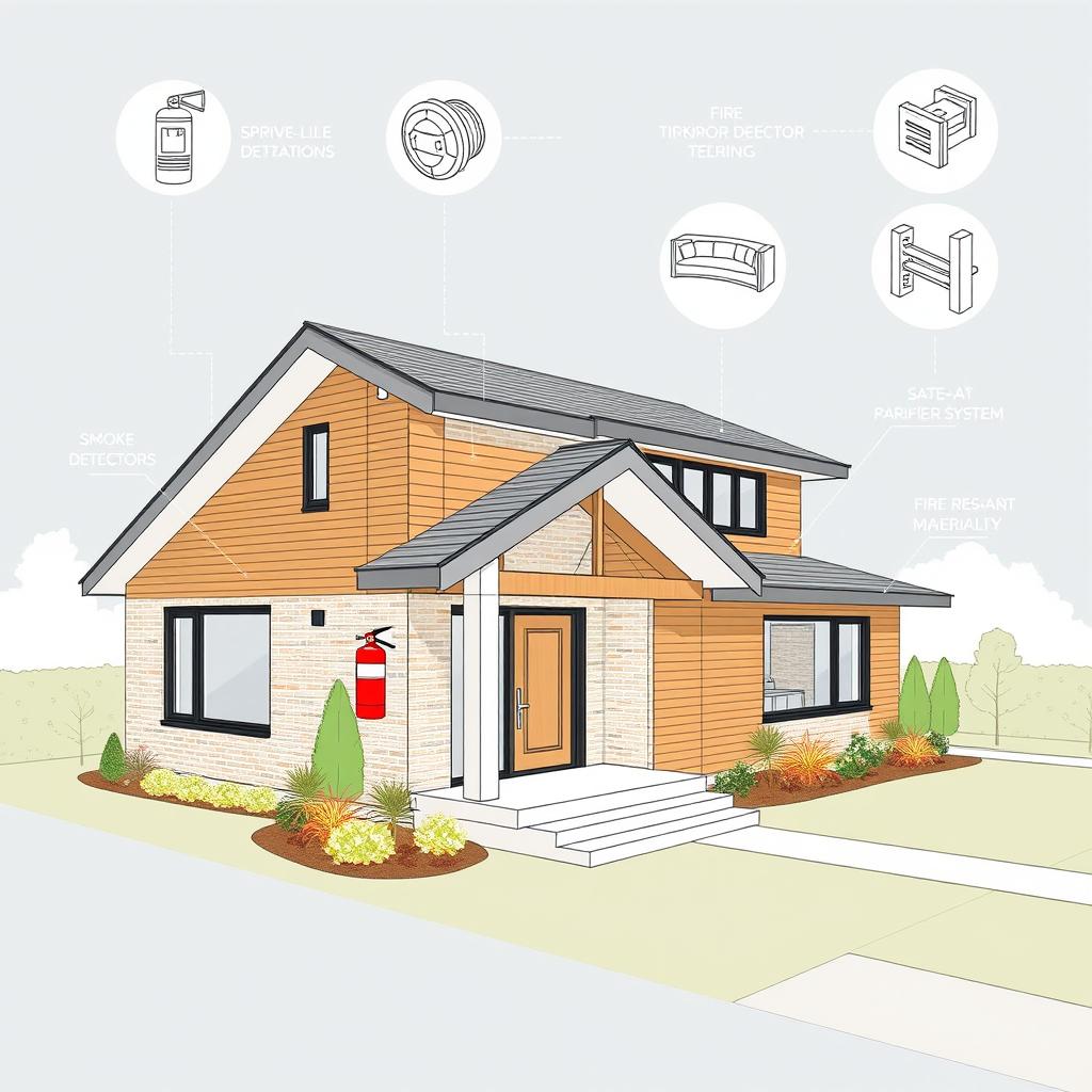 An architectural drawing of a modern house equipped with various fire safety equipment to reduce fire risks