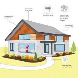 An architectural drawing of a modern house equipped with various fire safety equipment to reduce fire risks