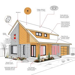 An architectural drawing of a modern house equipped with various fire safety equipment to reduce fire risks
